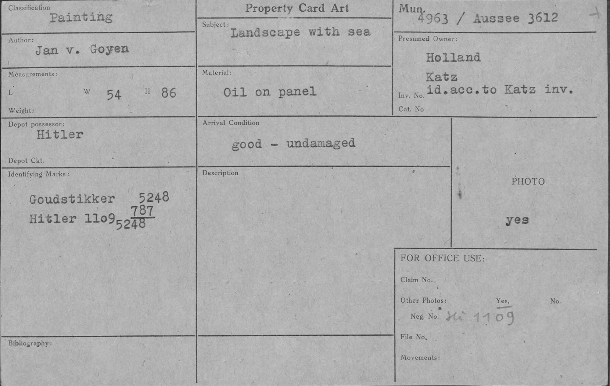 Kopie van een formulier met herkomstgegevens van een schilderij
