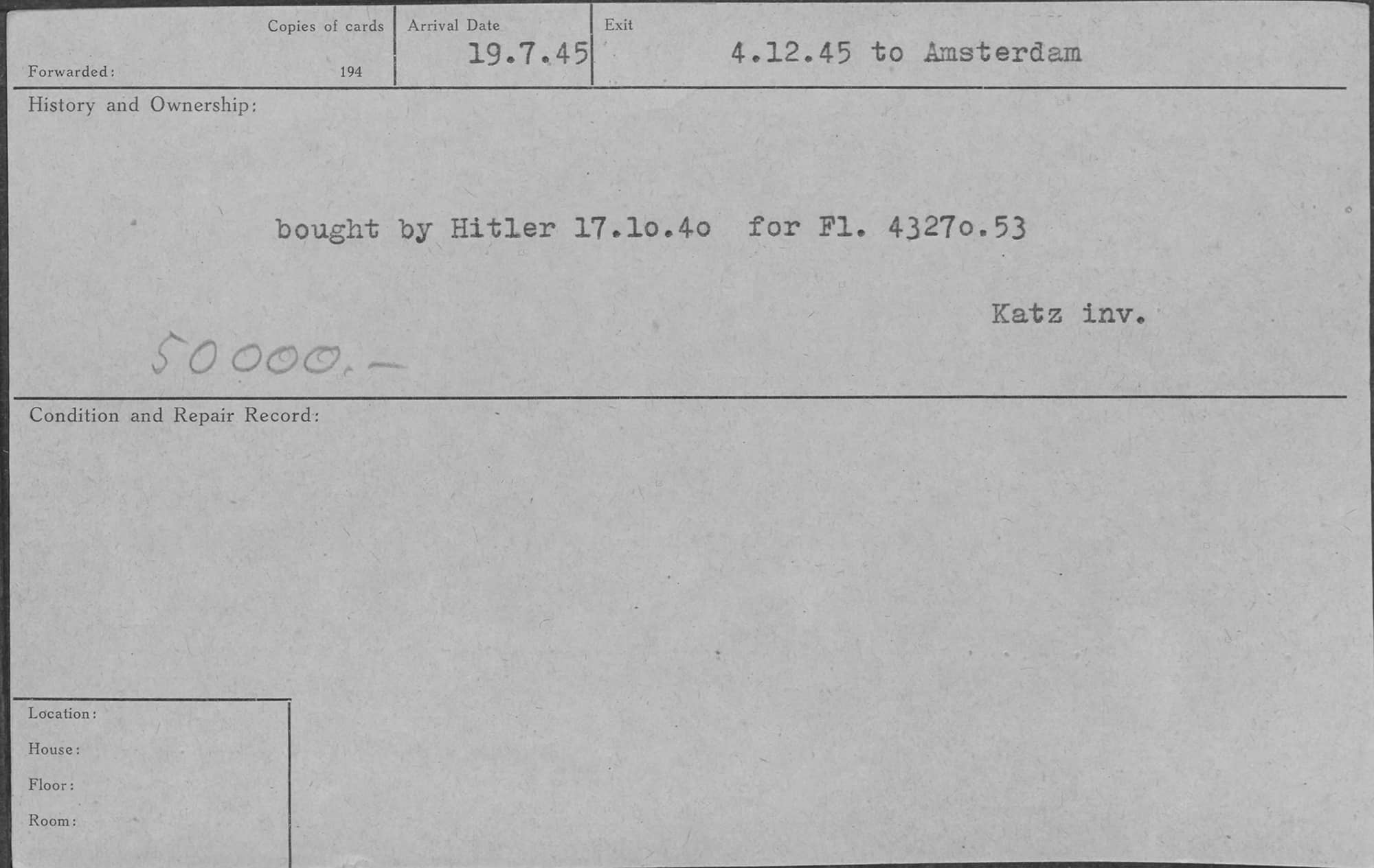 Kopie van een formulier met daarop herkomstgegevens van een schilderij