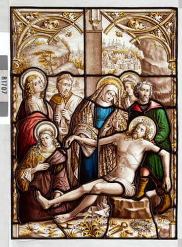 Neogotisch glas-in-loodraam met Maria en Johannes die het dode lichaam van Jezus bewenen