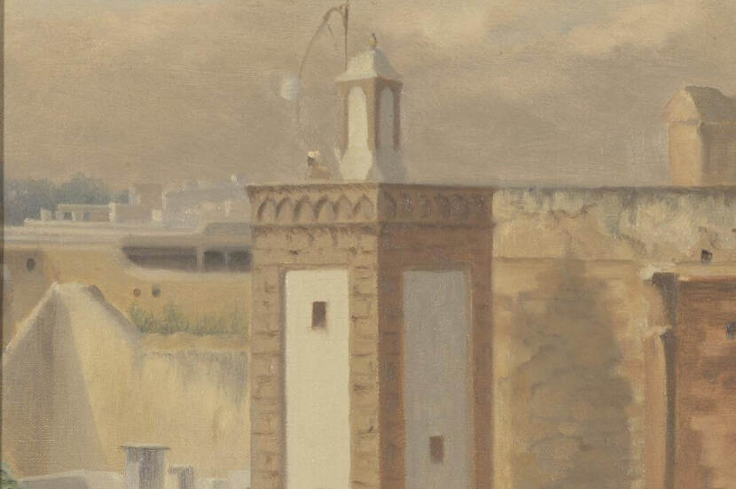 Schilderij van Minaret in de stad Rabat in Marokko met licht en zacht kleurgebruik