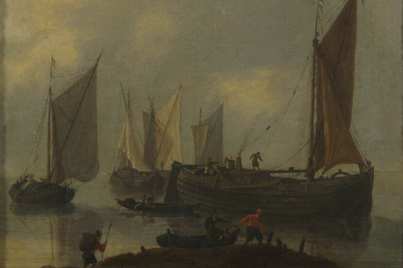 Schilderij van Jan van de Capelle met daarop een kalme zee met vissersboten