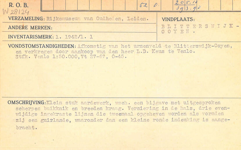 Op de foto zien we een afbeelding van een vondstmeldingskaart, waarop de gegevens uit het oude systeem van de RBOB zijn omgezet naar het kaartsysteem van de ROB