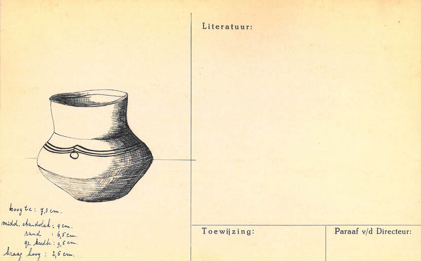 Op de foto zien we de achterkant van een vondstmeldingskaart,  met daarop een tekening van een klein stuk aardewerk afkomstig van een urnenveld in Blitterswijck-Ooijen