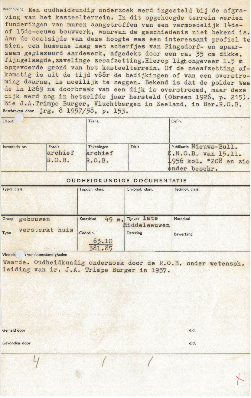 Afbeelding van het type vondstkaart zoals die van de jaren zestig werd gebruikt. Hierop staat alle belangrijke documentatie over de vindplaats en over de verwerking van de gegevens.