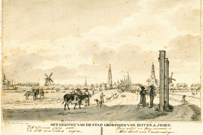 Gezicht op stad Groningen met op voorgrond een rolpaal, 1813