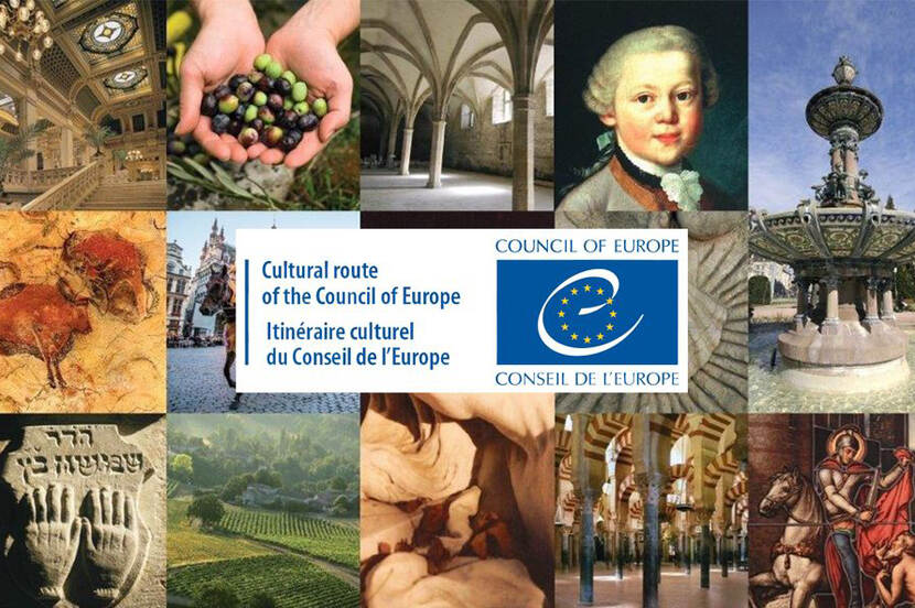 Collage van foto's, kunstwerken en landschappen met in het midden het logo van 'Cultural route of the Council of Europe'.