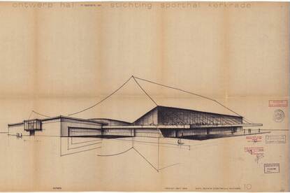 Ontwerptekening van de Roda hal van architect Laurens Bisscheroux